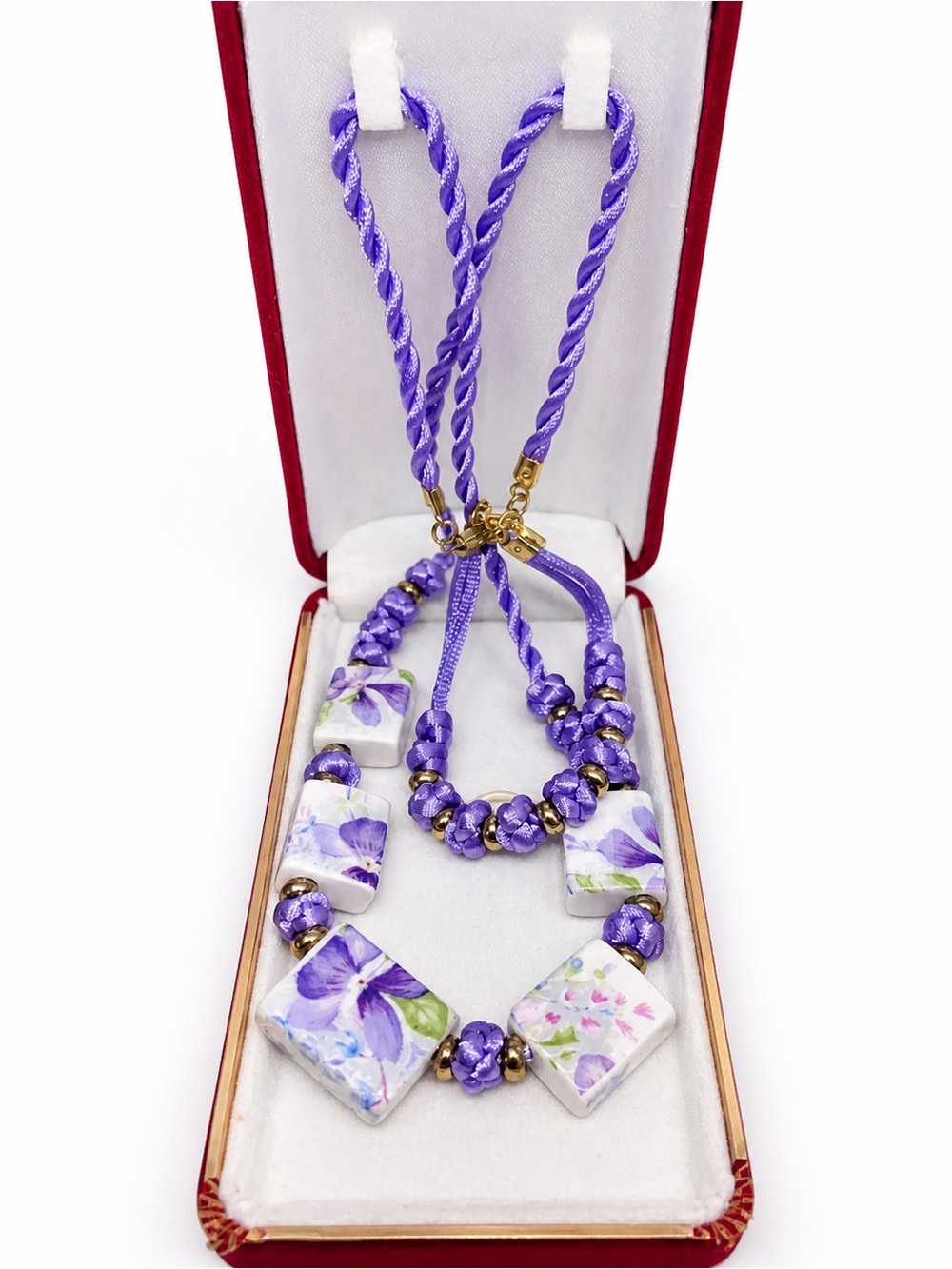 Purple Floral Beaded Necklace & Bracelet Set – Gold Tone – Statement Jewelry